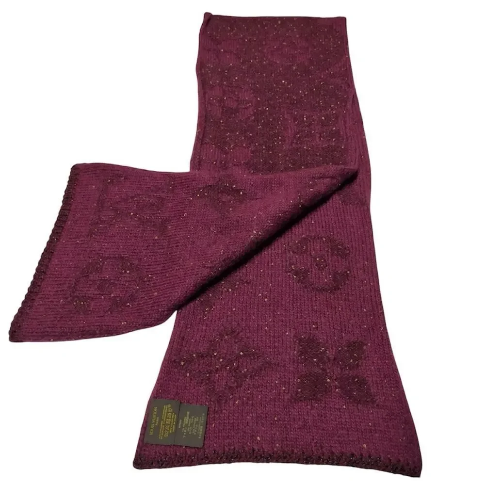 Auth Louis Vuitton Burgundy Mohair LV Monogram Sunset Stole Muffler Scarf Ex++